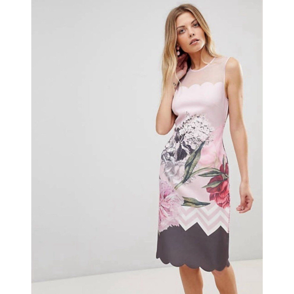Ted Baker Arionah Palace Gardens Scalloped Hem Midi Bodycon Dress Size 6 ? Pink